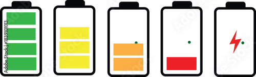 Five battery charge indicators showing different levels of power from full to charging, with colors transitioning from green to yellow, orange, red, and a lightning bolt symbol.