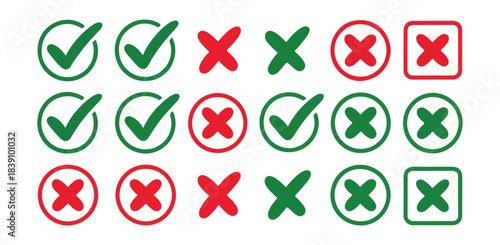 Green and red check mark and cross icons set.
