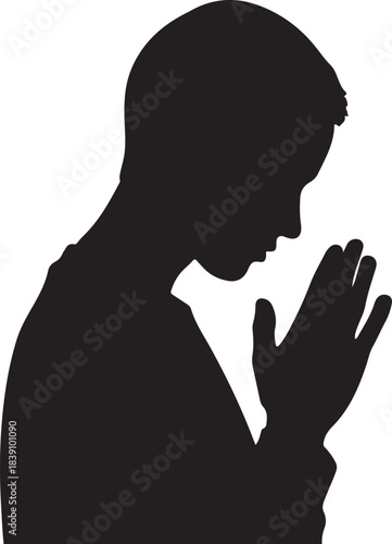 Silhouette of a person praying with hands clasped on white background Keywords: praying, prayer