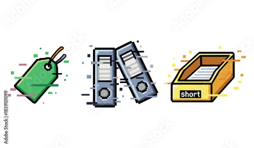 Animated office supplies: tag, binders, document tray in pixel art style