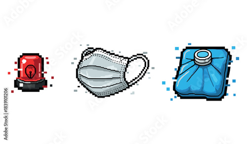 Pixel art medical icons: red alarm, face mask, blue ice pack