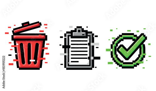 Trash bin, clipboard, and checkmark icon set with pixelated design