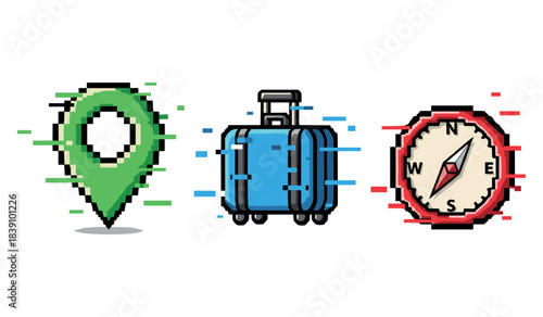 Pixel art travel symbols: location pin, suitcase, compass for adventure planning