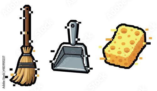 Pixel art cleaning tools: broom, dustpan, sponge