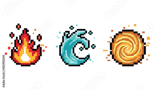 Pixel art elements: fire, water, and earth symbols in retro style