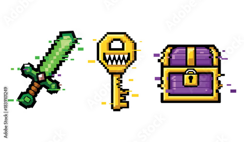 Pixel art sword key and treasure chest in retro game style