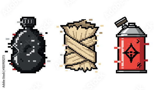 Pixel art: black canteen, wrapped bandage, red spray paint can