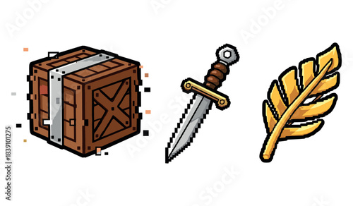 Pixel art: wooden crate, silver dagger, golden feather icons