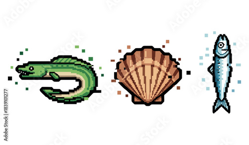 Pixel art sea creatures: eel, shell, fish trio