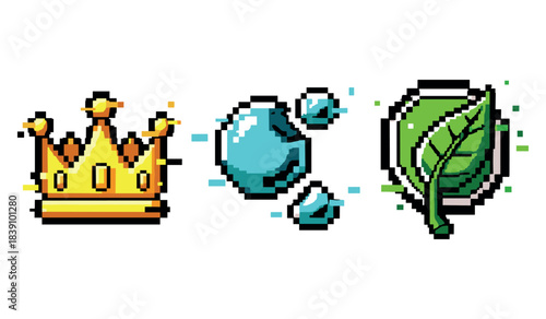 Pixel art crown, water droplets, and leaf emblem icons