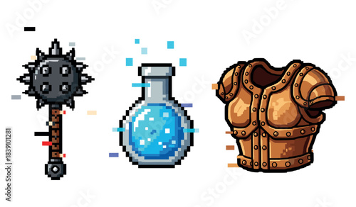 Pixel art fantasy icons: spiked mace, blue potion, leather armor