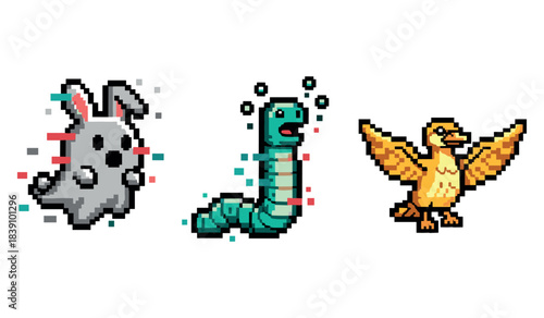 Pixel art animals: gray rabbit, green worm, and yellow bird with vibrant colors