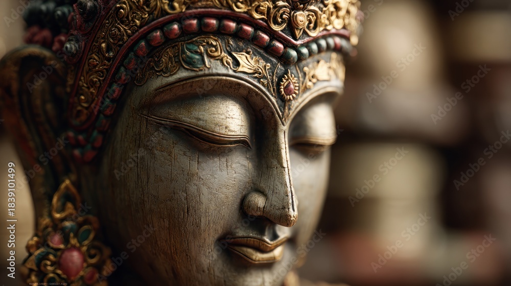 Obraz premium Meditative Serenity: A Close-Up of a Buddha Sculpture with Elaborate Ornamentation