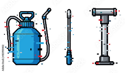 Pixel art: garden sprayer, nozzle, and pump objects with glitch effects