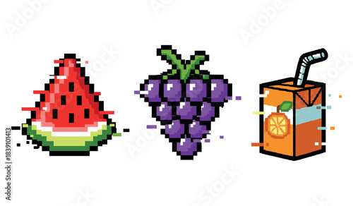 Pixel art watermelon slice, grapes, and orange juice box