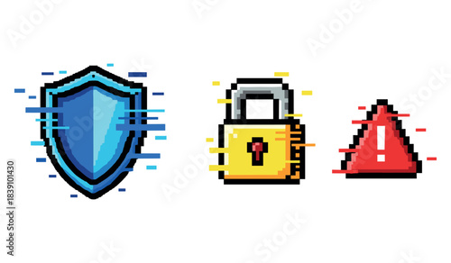 Pixel art symbols: shield, padlock, warning sign for security and cyber safety