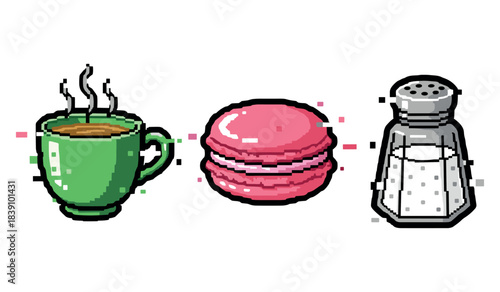 Pixel art coffee cup, pink macaron, and salt shaker on white background