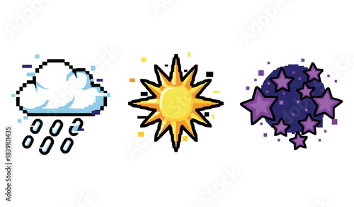 Pixel art weather icons: rain cloud, sun, and starry night