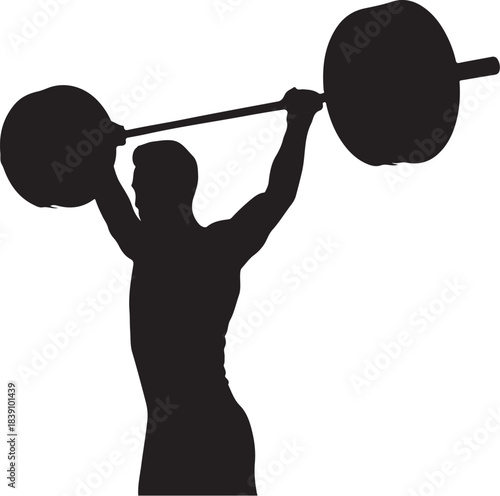 Silhouette of a weightlifter lifting a barbell on a white background Keywords: silhouette