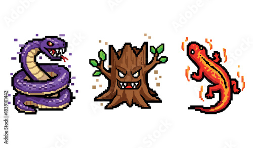 Pixel art creatures: snake, tree monster, salamander