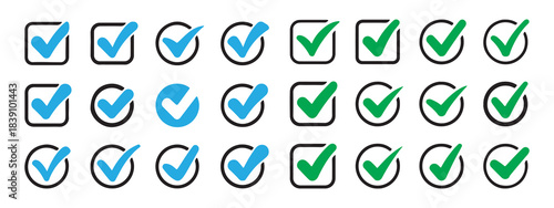 Blue and green check mark icons set. Vector tick symbols.