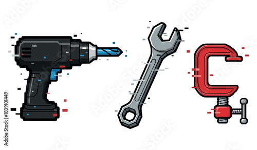 Set of digital tools: drill, wrench, clamp in pixel art style