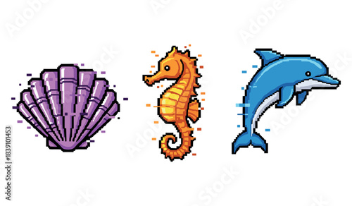 Pixel art marine life: seashell, seahorse, and dolphin