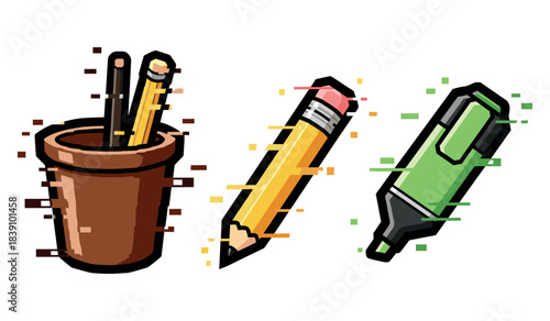 Digital art of pencil holder with pencils, pencil, and green highlighter
