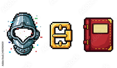 Pixel art: medieval helmet, golden buckle, and red notebook on white background