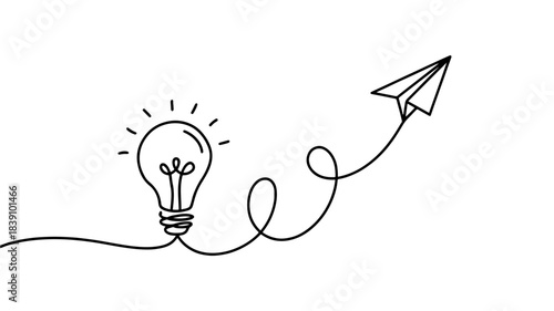 line drawing symbolizing idea, creativity, innovation, journey, flight, and progress.