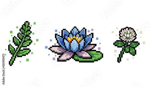 Pixel art of blue lotus, fern leaf, and white clover on white background