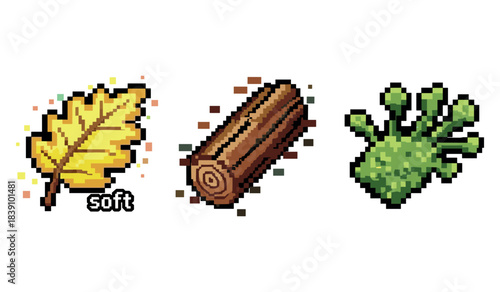 Pixel art nature icons: leaf, log, mossy rock design elements