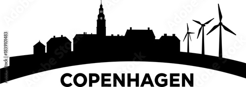 Copenhagen skyline silhouette with wind turbines on white background