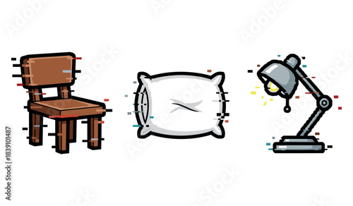 Digital glitch art: wooden chair, soft pillow, and desk lamp