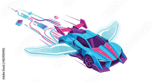 Futuristic flying car soaring through the digital landscape with speed and innovation.