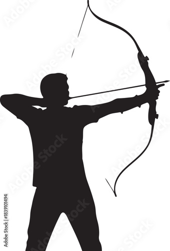 Silhouette of an archer aiming a bow and arrow archery
