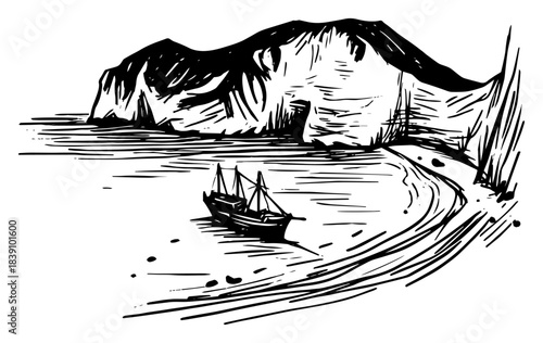 Hand drawn ocean landscape vector sketch of rocky cliff coastline and small boat in water