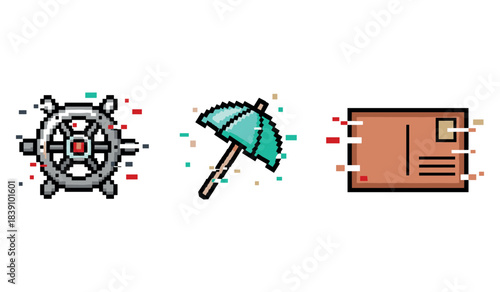 Pixel art icons: ship wheel, beach umbrella, and postcard