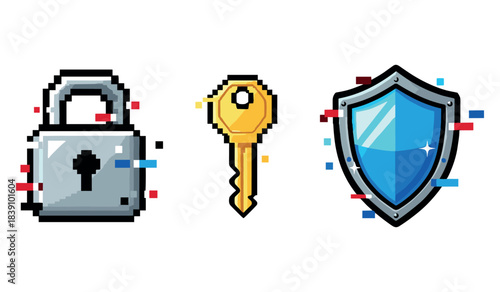 Pixel art icons of lock, key, and shield for security and protection