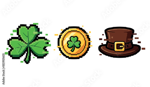 Pixel art symbols: shamrock, coin, brown hat with buckle for st. patrick's day theme