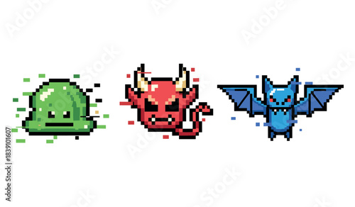 Pixel art monsters: slime, demon, and bat in retro style