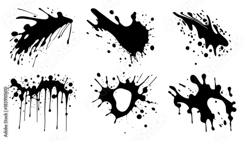 Ink splash and paint splatter vector collection of black grunge liquid drops and messy stains