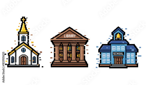 Pixel art building icons: church, library, school in crisp detail