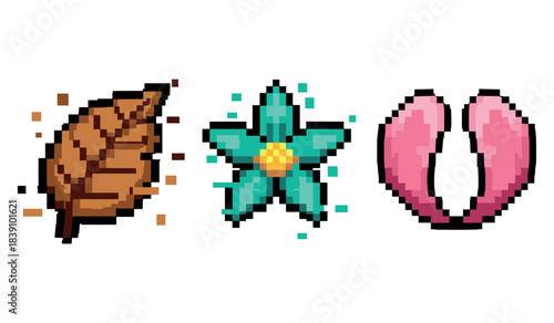 Pixel art nature icons: leaf, flower, petals