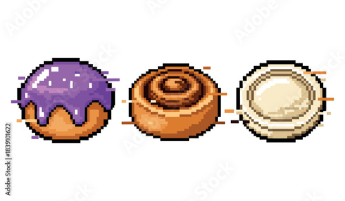Pixel art desserts: purple frosting donut, cinnamon roll, cream puff