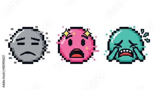 Pixel art emoji set: sad, shocked, crying faces in retro 8-bit style