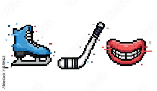 Pixel art icons: ice skate, hockey stick, smiling mouth