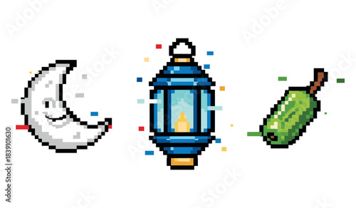 Pixel art: crescent moon, lantern, and cucumber with confetti