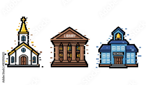 Pixel art buildings: church, library, school icons on white background