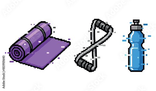Pixel art yoga mat, jump rope, and water bottle for fitness enthusiasts